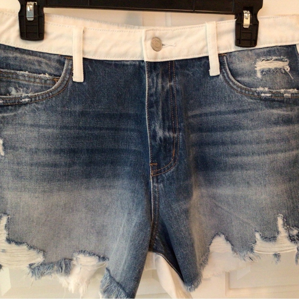 VERVET BY FLYING MONKEY Distressed Blue Denim Jean Shorts with White Waistband